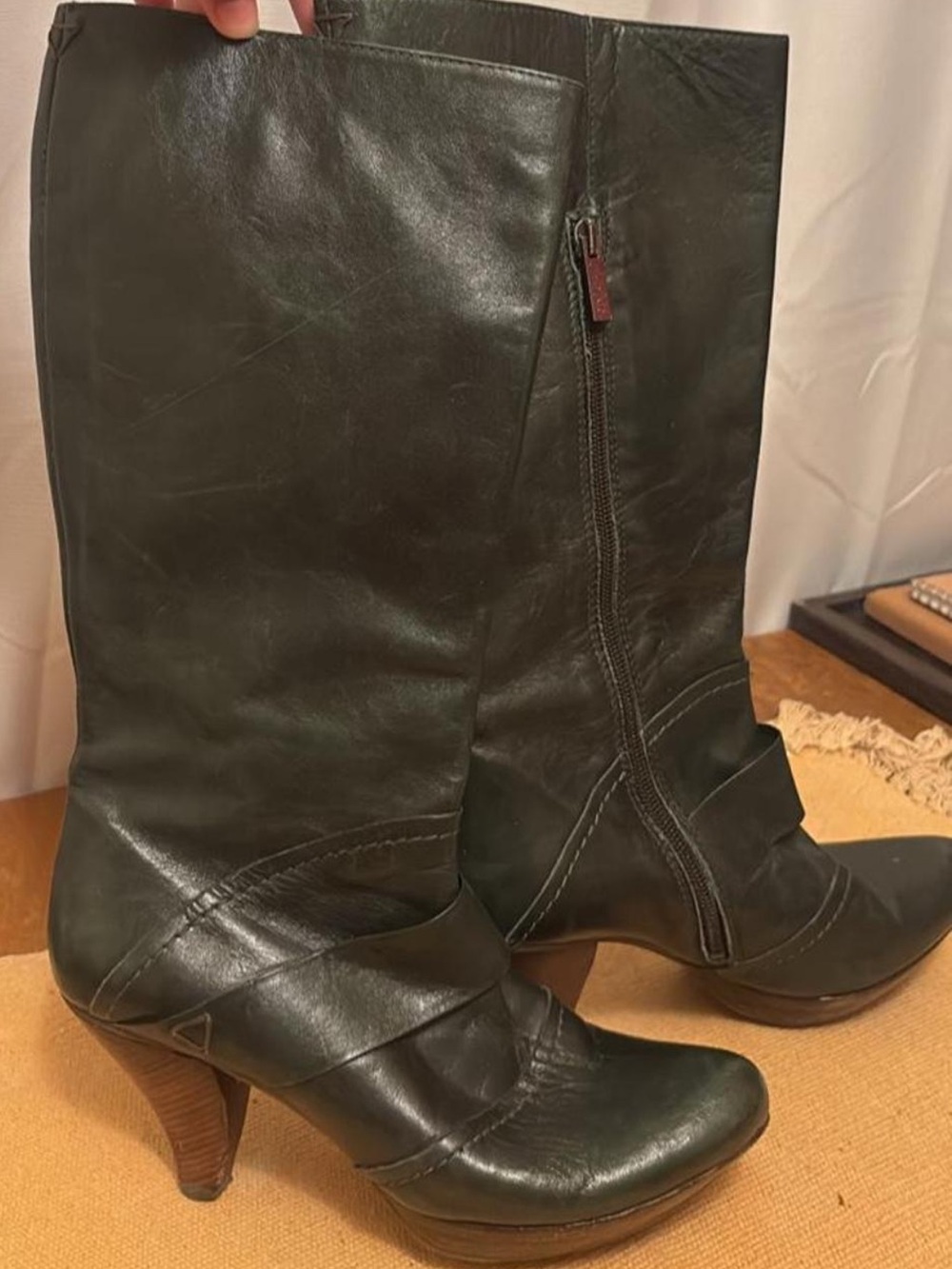 Dark Green Leather Heeled Boots